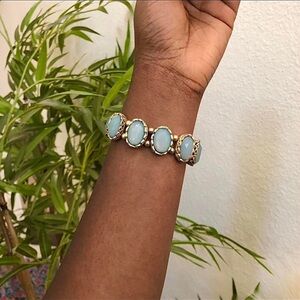 Gold tone Faux Turquoise Gemstone Blue Beaded Stretch Bracelet Bangle Boho Indie